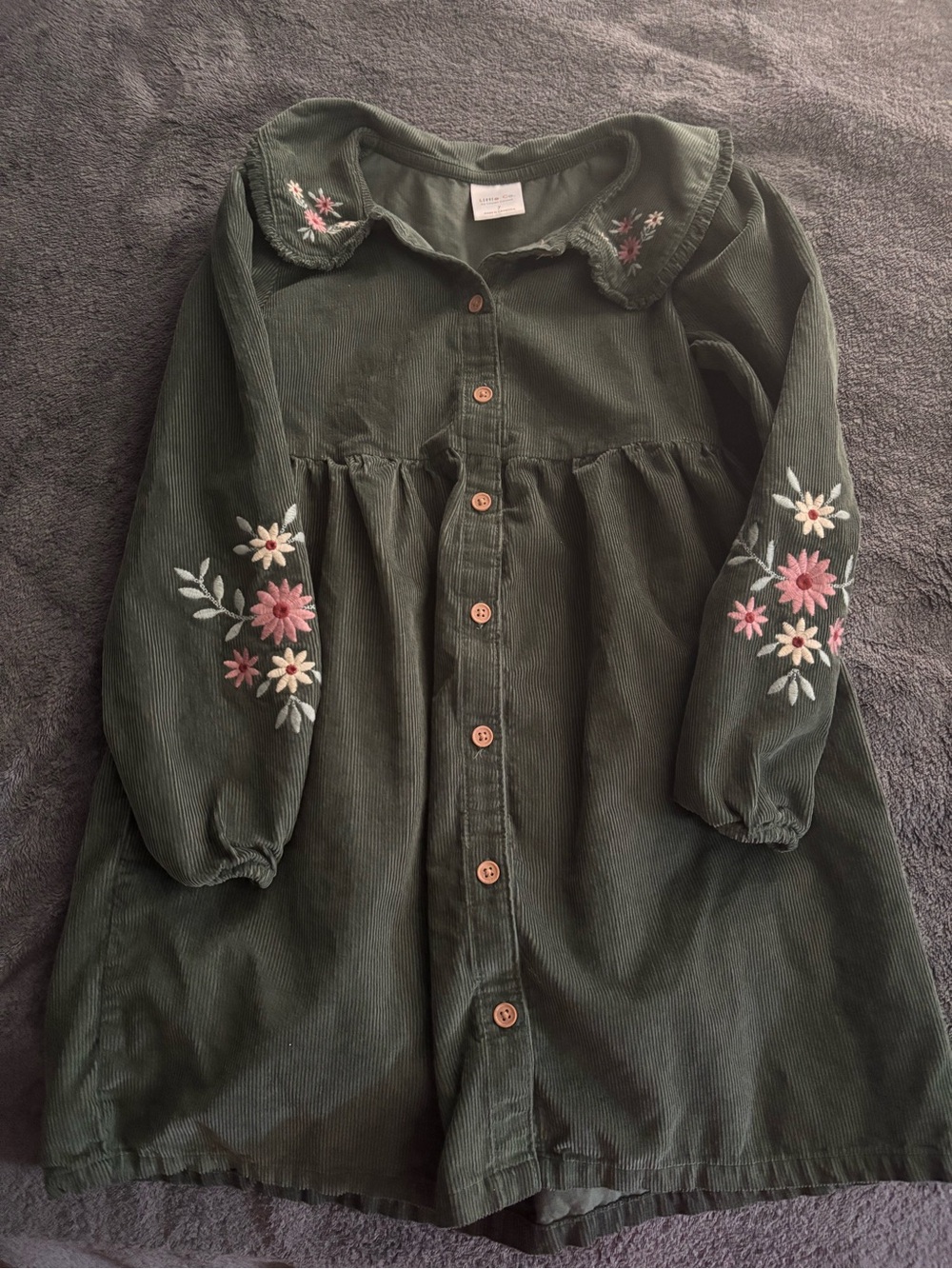 Girls' Olive Green Corduroy Dress with Pink Floral Embroidery